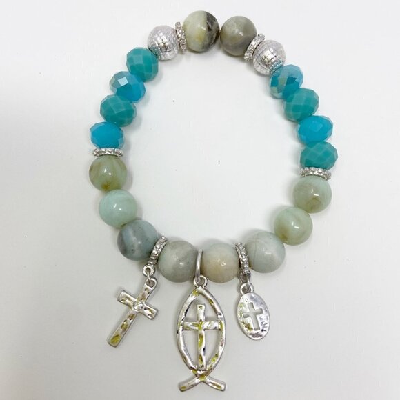 Blue Beaded Stretch Bracelet w/Cross, Fish Cross Ichthus Charms - Picture 2 of 4